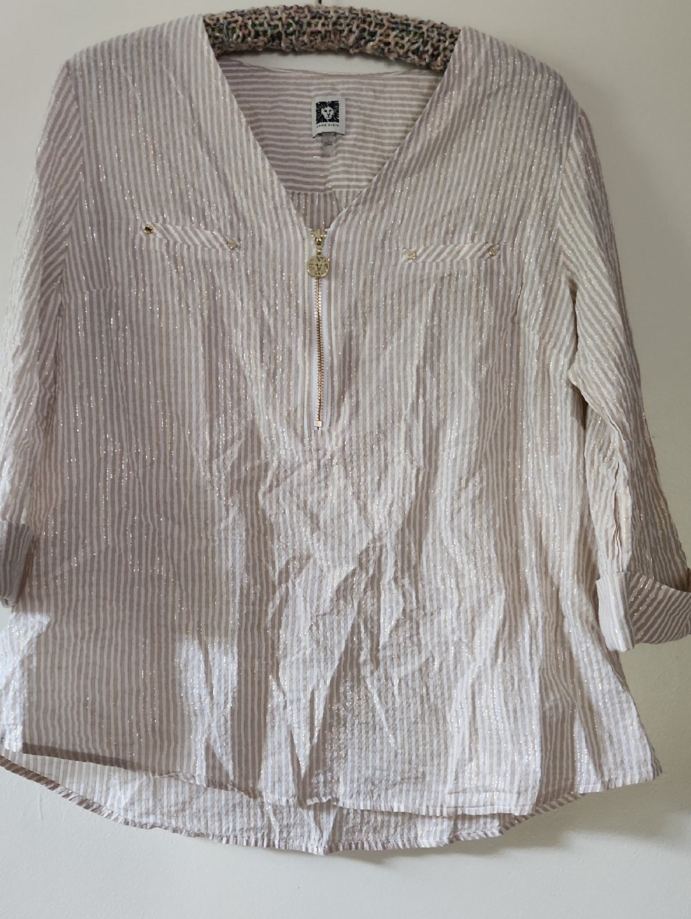 Anne Klein Light Beige  Metallic-Striped V-Neck Tunic with Gold Zip